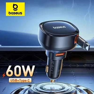 Baseus 60W Autoladegerät 2 in 1 einziehbares Kabel SCP 25W QC PD 30W schnelles Autotelefon-Ladegerät für iPad iPhone 16 15 14 13 Pro Samsung