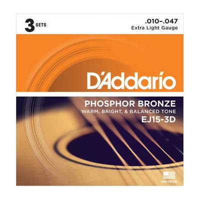 D'Addario EJ15-3D Extra Light Phosphor Bronze Multi-Pack Acoustic Guitar Strings (6-S EJ15-3D