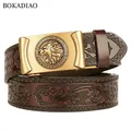 BOKADIAO Men Genuine Leather Belt Luxury Gold Lion Metal Automatic Buckle Cowhide Belts for Men