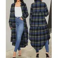 Shacket Longline Plaid Print Curved Hem Buttoned Casual Shirt Jacket for Women Long sleeves