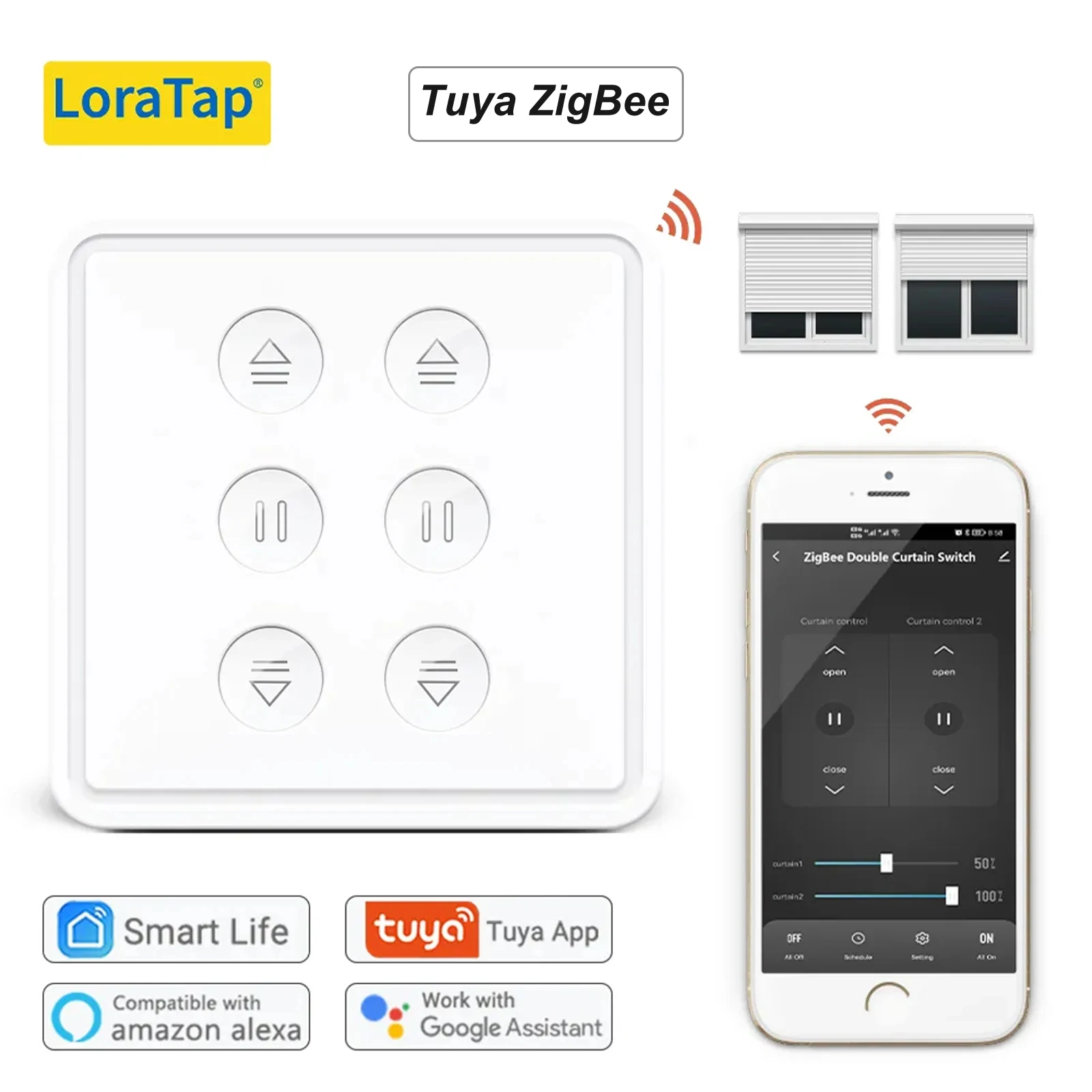LoraTap Tuya ZigBee 3.0 EU-Doppelvorhangschalter für Rohrmotor Google Home Alexa Sprachsteuerung Funktioniert mit Zigbee2MQTT DIY Image