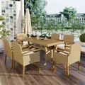 EUROCO 7PCS Patio Outdoor Dining Set 56 All Weather Wicker Patio Furniture Set of 6 Rattan Armchairs with Soft Cushions and Wood Top Table Brown