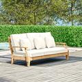 Hearth & Harbor 3-Seater Outdoor Couch Acacia Wood Patio Sofa Natural Wood/Off White Cushions