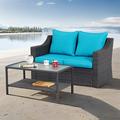 Cfowner Outdoor Loveseat 2 Piece Patio Furniture Set Outdoor Conversation Set All-Weather Wicker Love Seat with Side Table