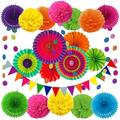 FNNMNNR 20pcs Fiesta Paper Fan Party Decorations Set Mexican Party Decorations Polka Dot and Triangle Bunting Flags for Birthday Parties Rainbow Party Multi-Color