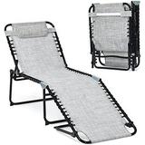 Lounge Chairs For Outside Folding Chaise Lounge W/Removable Headrest & 4 Adjustable Positions Outdoor Recline Chair For Camping Patio Pool Deck Portable Sunbathing Beach Chair (1 Grey)