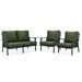 LeisureMod Walbrooke Modern 3-Piece Outdoor Patio Set with Black Aluminum Frame and Removable Cushions Loveseat and Set of 2 Armchairs for Patio and Backyard Garden (Green)