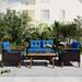 4 Piece Wicker Conversation Set PE Rattan Outdoor Sofa Set with Wood Table and Cushions All Weather Outdoor Sectional Sofa Set Blue