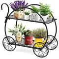 Garden Cart Metal Plant Stand With 4 Decorative Wheels Succulent Collection Flower Holder Display Shelf For Home Patio Garden Flower Shop Parisian Style Plant ted Rack (2-Tier)