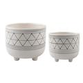 Flora Bunda Mid Century Set of 2 Handpainted Geometric Ceramic Planter 6 Inch W & 5 Inch W Ceramic Planter Pot with Sturdy Legs White and Black Line Planter Pot