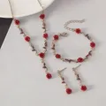 Ensemble de bijoux fleur rose rouge rétro pour femme collier bracelet boucle d'oreille