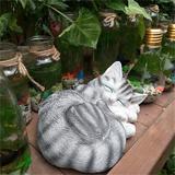 Cat Garden Statue Outdoor Decor Sleeping Cat Statue Garden Decor Outdoor Cat Sculpture & Figurine Lawn Ornament Grey Tabby Statue for Patio awn Yard Decorative
