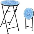 Outdoor Side Table Folding Mosaic Patio Table 14 Round Metal End Table W/Ceramic Tile Top Small Patio Table Accent Coffee Table For Porch Garden Balcony Plant Stand Indoor Outdoor (Blue)