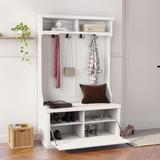 3-in-1 Entryway Hall Tree with Storage Bench and Coat Rack with Four Hooks and Shoe Storage Wood Storage Bench, White