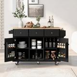Mobile Kitchen Cart with Drop Leaf, Wood Kitchen Island Cart on Wheels, 2 Doors with Internal Storage Racks, 3 Drawers