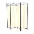 Black Metal 4-Panel Room Divider with Off-White Fabric Screen