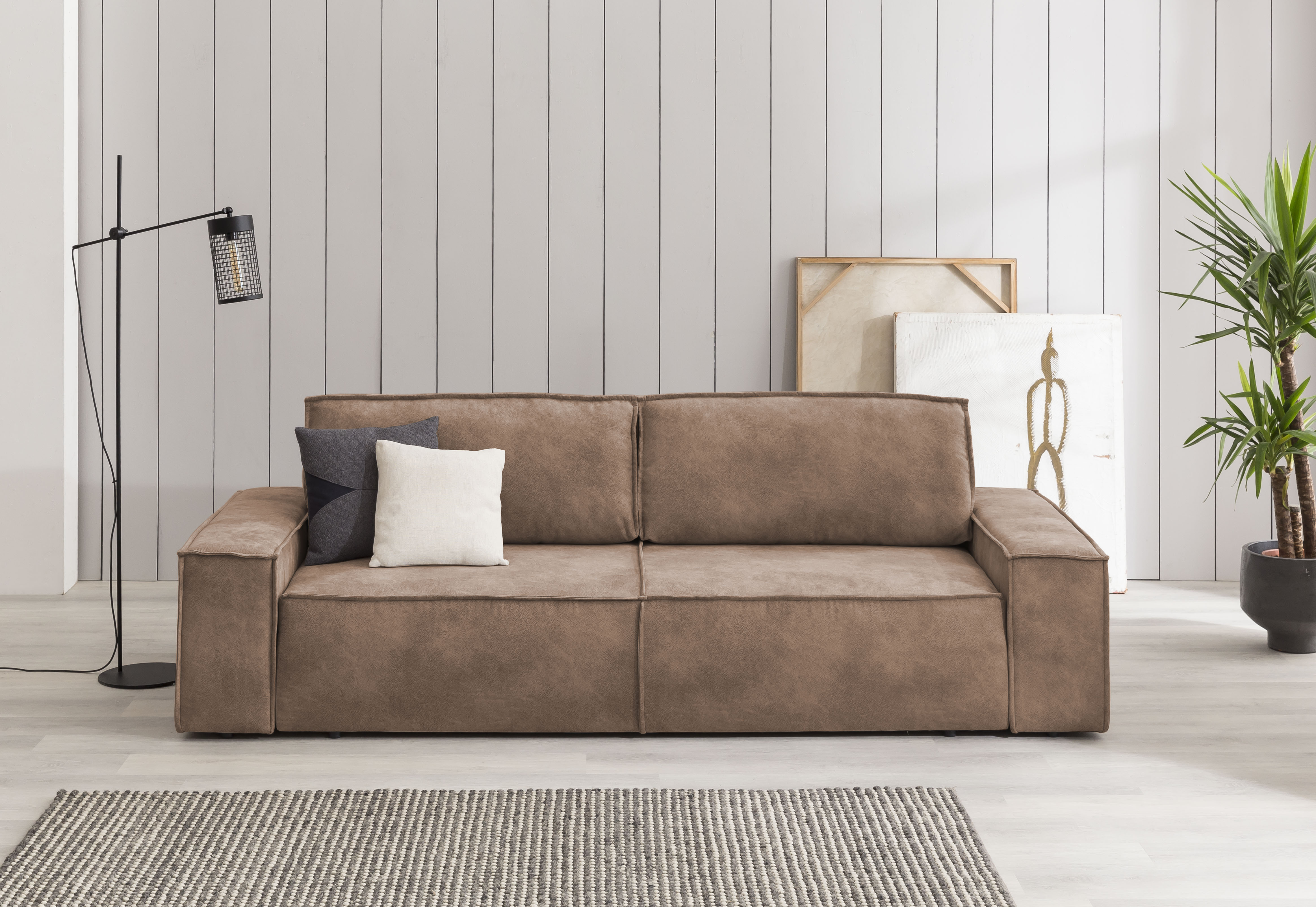 3-Sitzer HOME AFFAIRE "SHERWOOD Schlafsofa (257cm) Cord, Samtvelours, Vintage-Lederoptik", braun (cognac), B:257cm H:85cm T:106cm, 100% Polyester, Sofas, Schlaffunktion mit Bettkasten (ca. 136/200cm)