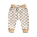 Qtinghua Toddler Baby Boy Girl Casual Long Pants Checkerboard Print Tie-up Mid-waist Trousers with Pockets Yellow 2-3 Years