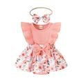 Sunisery 2Pcs Newborn Baby Girls Romper Dress Fly Sleeve Floral Romper with Bowknot Headband Baby Jumpsuit Outfits Pink 3-6 Months