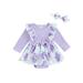 Qtinghua Newborn Infant Baby Girls Romper Dress Long Sleeve Rib Knit Floral Print Skirt Jumpsuit Bodysuits with Headband Clothes Purple 6-9 Months