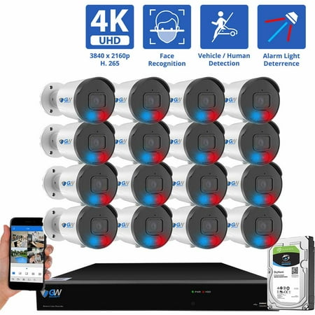 GW Security 16 Channel NVR UltraHD 4K Full-Time Color Night Vision PoE Security Camera System with (16) 8MP Two-Way Audio PoE Outdoor Cameras AI Human & Cars Detection with Alarm Lights