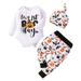 YDOJG Outfit Clothes For Boys Toddler Baby Girls Long Sleeve Letter Romper Bodysuit Tops Cute Cartoon Pumpkin Print Pant Trousers With Hat Outfits Set 3Pcs For 9-12 Months