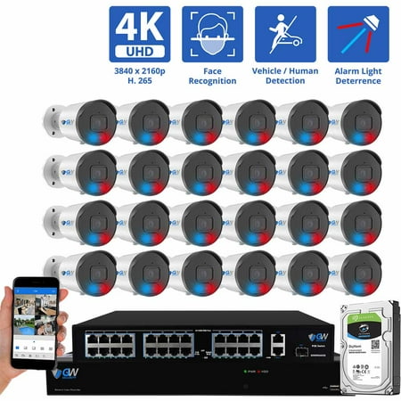 GW Security 32 Channel NVR UltraHD 4K Full-Time Color Night Vision PoE Security Camera System with (24) 8MP Two-Way Audio PoE Outdoor Cameras AI Human & Cars Detection with Alarm Lights