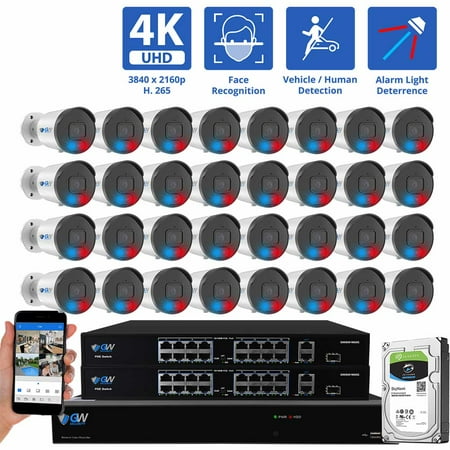 GW Security 32 Channel NVR UltraHD 4K Full-Time Color Night Vision PoE Security Camera System with (32) 8MP Two-Way Audio PoE Outdoor Cameras AI Human & Cars Detection with Alarm Lights