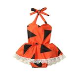 Halloween Baby Girl Sleeveless Swimsuits Lace Trim Geometric Print Halter Neck Beachwear Summer Toddler Bathing Suits