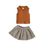 IZhansean 2Pcs Toddler Baby Girls Summer Clothes Sleeveless Lapel Vest Tank Top + Pleated A-Lined Skirt Outfits Brown 12-18 Months