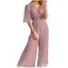 Women s Jumpsuits Rompers & Overalls Solid Color Softy V-Neck Short Sleeve Elegant Womens Summer Casual Jumpsuits Fashion Elastic Ruffle Loose Wide Leg Pantsï¼ˆPink Sï¼‰
