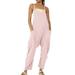 Soighxzc Jumpsuit for Women Sleeveless Rompers Round Neck Casual Solid Color Wide Leg Pants Playsuit Spaghetti Strap Loose Summer Overalls with Pocket Pink XL