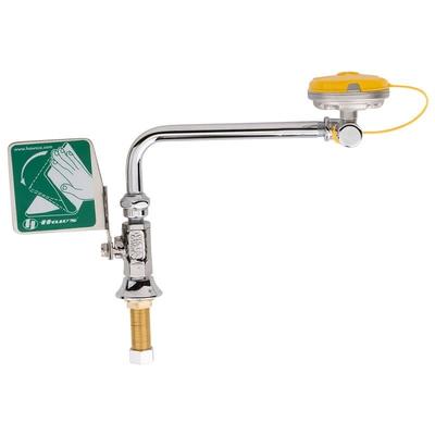 Haws Swing-away eyewash designed to be mounted on left side of sink.