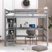 Full Size Loft Bed with Multifunction Shelves and Under-bed Desk, Wood Kid Bed with Storage, Grey