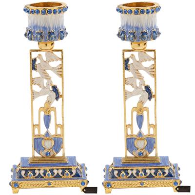 Matashi Shabbat Candlestick (2-Piece Set) Hand-Painted, Gold-Plated Pewter | Adorned w/ Doves (Blue)