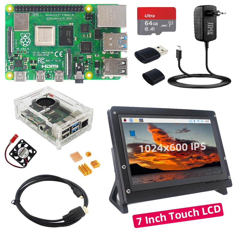 Raspberry Pi 4 Modell B 2 4 8 GB RAM + 7-Zoll-IPS-Touchscreen + Halter + 64 32 GB TF-Karte + Lüfter + Netzteil für RPi 4 B Image