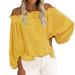 knqrhpse Crop Tops Womens Tops Womens Linen Neck Off Shoulder Long Sleeve Top T Shirt Balloon Sleeve Top Hoodies For Women Yellow XL