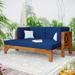 TOPMAX Outdoor Patio Extendable Wooden Sofa Set Sectional Furniture Set with Thick Cushions for Balcony Backyard Poolside Brown Finish+Blue Cushion