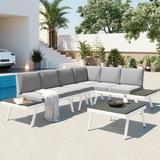 TOPMAX Industrial 5-Piece Aluminum Outdoor Patio Furniture Set Modern Garden Sectional Sofa Set with End Tables Coffee Table and Furniture Clips for Backyard White+Grey