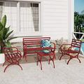 Outdoor Garden Bench Set 4 Piece Patio Metal Conversation Set With 1 Patio Metal Park Bench 2 Single Seater Chairs & Patio Side End Table For Porch Lawn Yard Deck Red