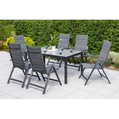 Garten-Essgruppe MERXX "Taviano", grau (anthrazit, anthrazit, grafit), Polyester, Aluminium, Polyester, Sicherheitsglas, Sitzmöbel-Sets, 6 Klappsessel, 5-fach verstellbar, Tisch Image