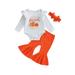 wybzd Infant Baby Girl Halloween Outfits Pumpkin Print Long Sleeve Romper+Ribbed Bell Bottoms+Headband Set