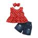 OLLUISNEO Toddler Baby Girl Outfits Ruffle Sleeveless Crew Neck Dot Top +Denim Shorts + Headband Baby Girl Summer Clothes 3-4 Years