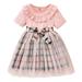 YDOJG Dresses For Girls Toddler Kids Baby Short Sleeve Plaid Patchwork Tulle Dress Princess Dress Outfits For 2-3 Years