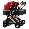 Double Baby Stroller for Infant and Toddler Reversible Bassinet Twins Pram,Double Infant Stroller,Twin Baby Pram Stroller,Detachable Pushchair Side-by-Side Tandem Stroller (Color : Red)
