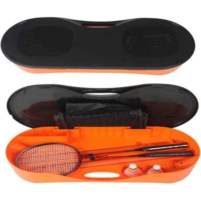 Portable Badminton Net Set Storage Box Base with 2 Battledores 2 Shuttlecocks Large, Orange