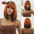 Ombre Rouge Marron Courte Cosplay Perruque avec Frange Synthétique Cuivre Gingembre Bob Perruques