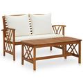 moobody 2 Piece Outdoor Conversation Set Garden Bench with White Cushion and Coffee Side Table Sectional Sofa Set Acacia Wood for Patio Backyard Balcony Terrace Furniture