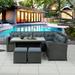6-Piece Outdoor Patio Black Wicker Sectional Conversation Sofa Set PE Rattan Cushioned Sofa Set with Glass Dining Table 2 Ottomans Dark Gray Cushions Sofa Set