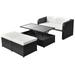 moobody 4 Piece Patio Lounge Set Cream White Cushioned Sofa with Glass Tabletop Coffee Table and 2 Stools Black Poly Rattan Conversation Set for Patio Backyard Patio Balcony Outdoor Furniture
